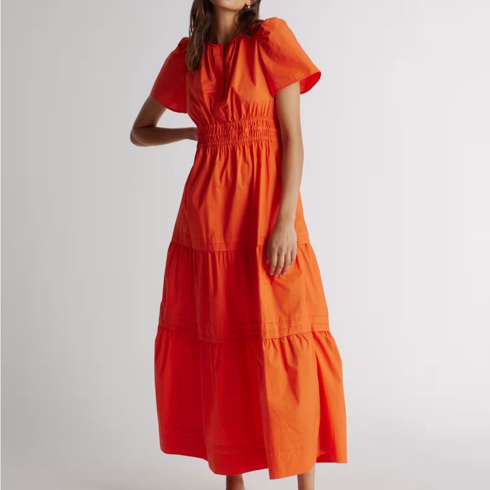 Quince 100% Organic Cotton Poplin Tiered Maxi Dress Vibrant Orange Mini Dress